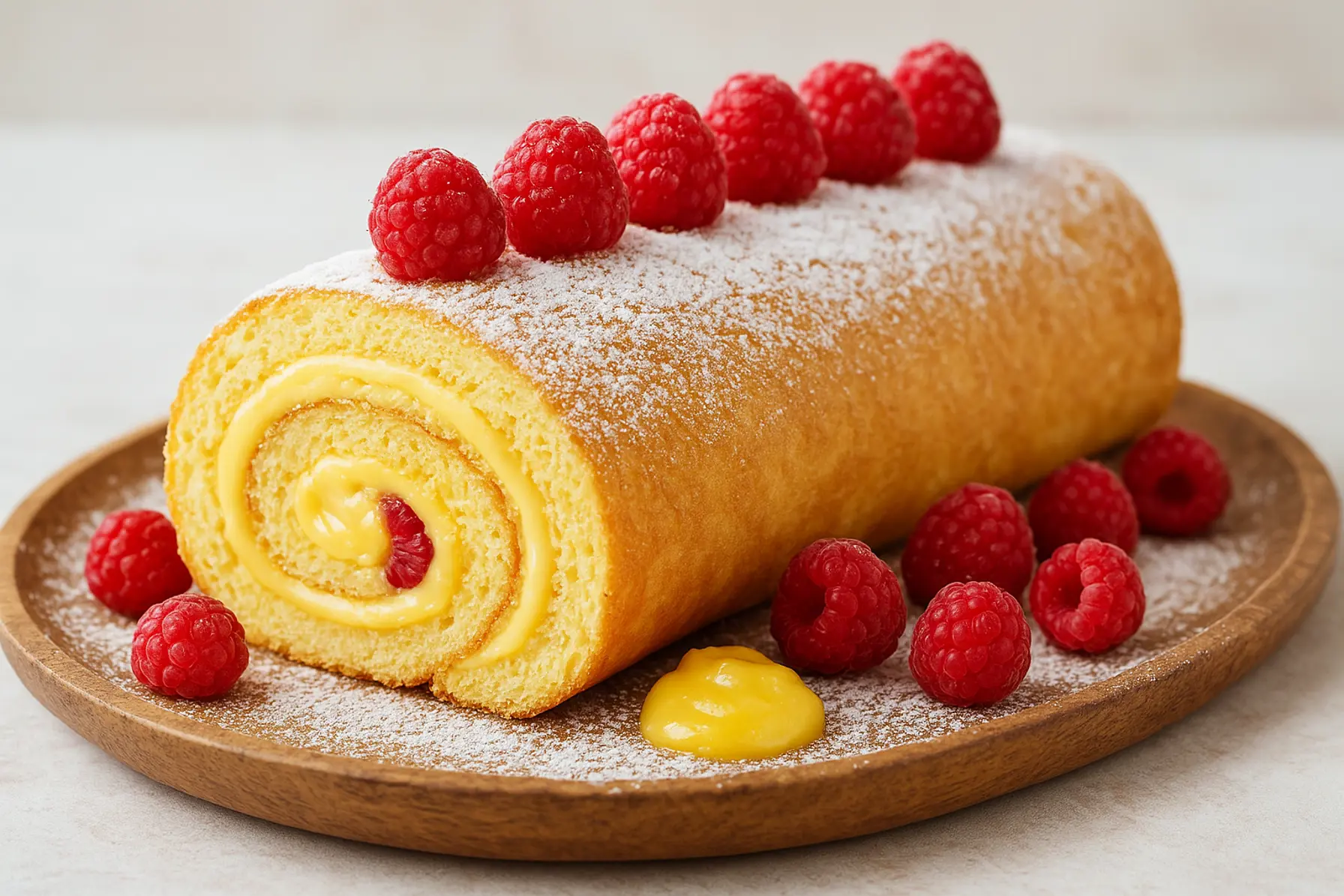 Cremefyldt citronrulle med hindbær