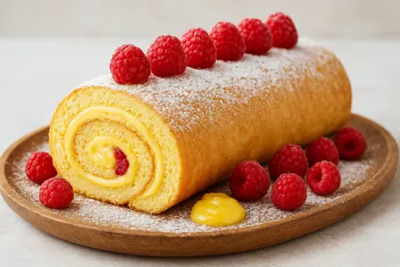 Cremefyldt citronrulle med hindbær