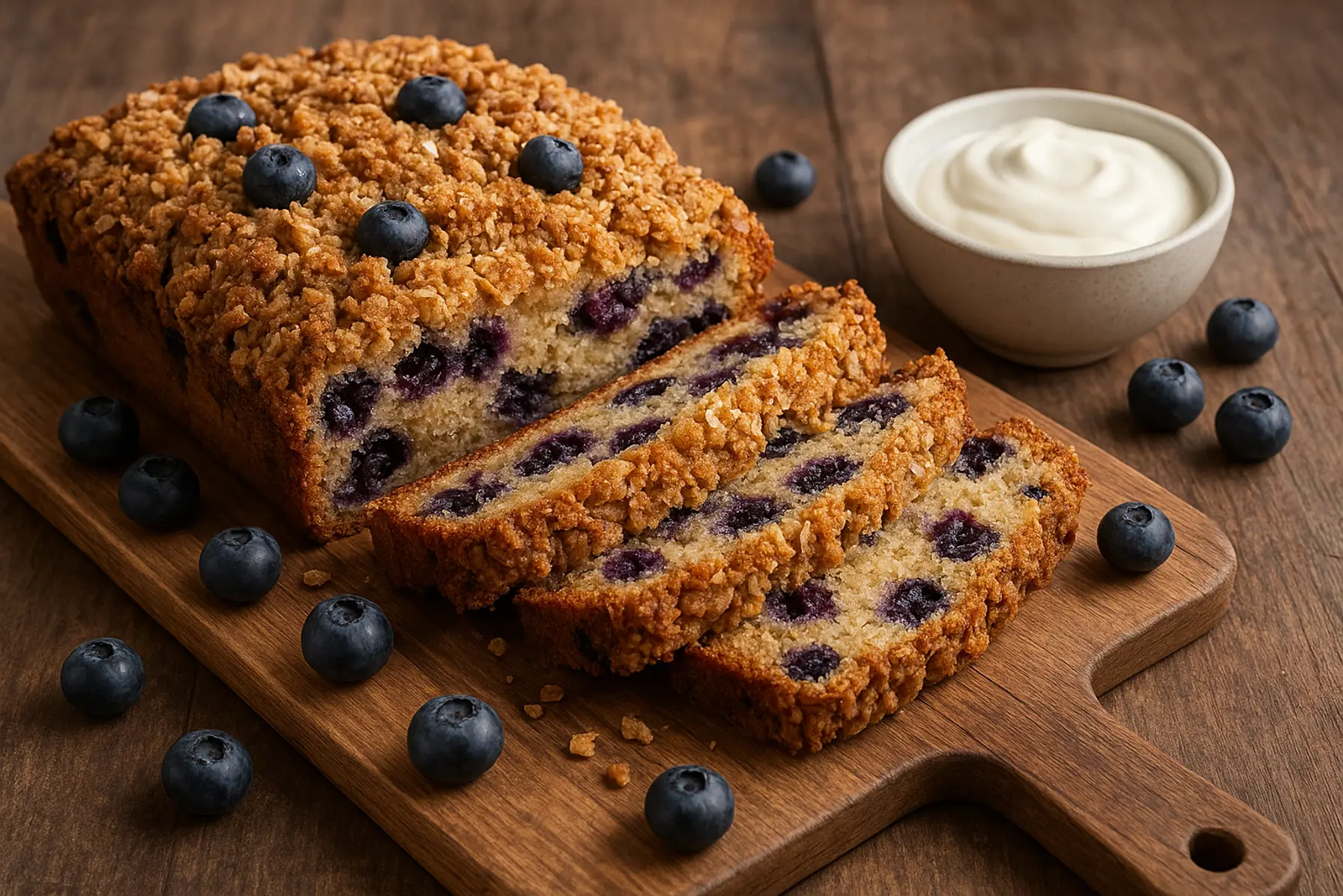 Hurtig blåbærkage med havretopping