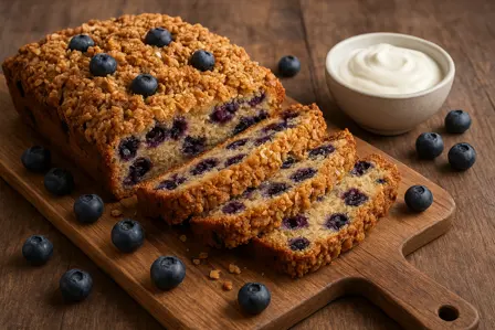 Hurtig blåbærkage med havretopping