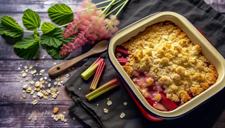 Hyldeblomst- og rabarbercrumble med havreflager