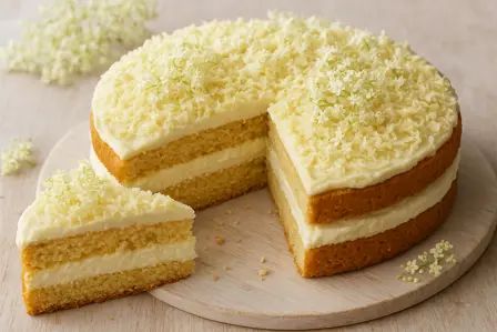 Hyldeblomstkage med marcipan