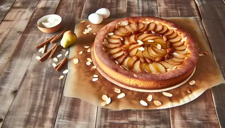 Karamelliseret pærelag med mandelbund