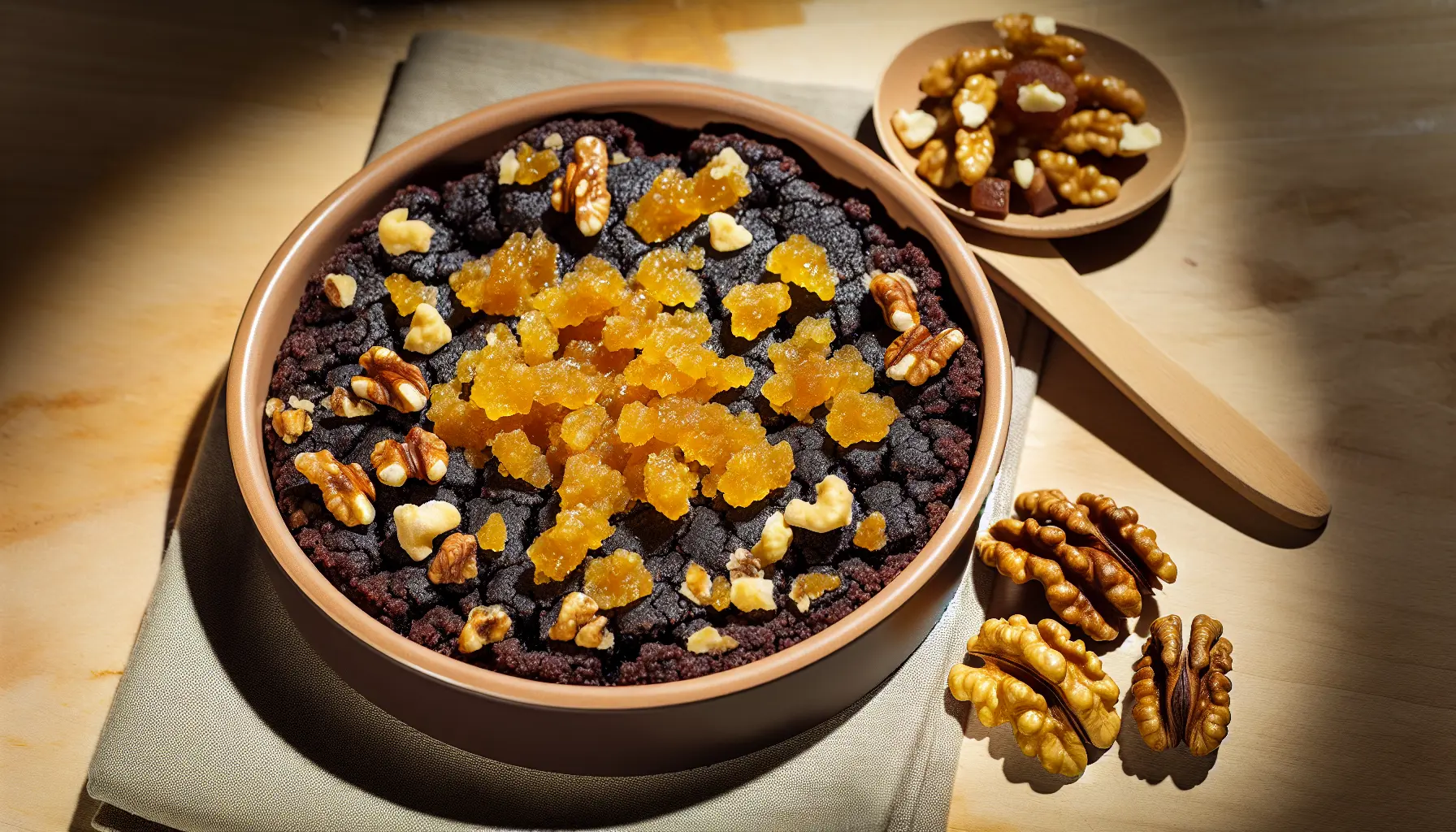 Mørk chokoladecrumble med karamelliserede nødder