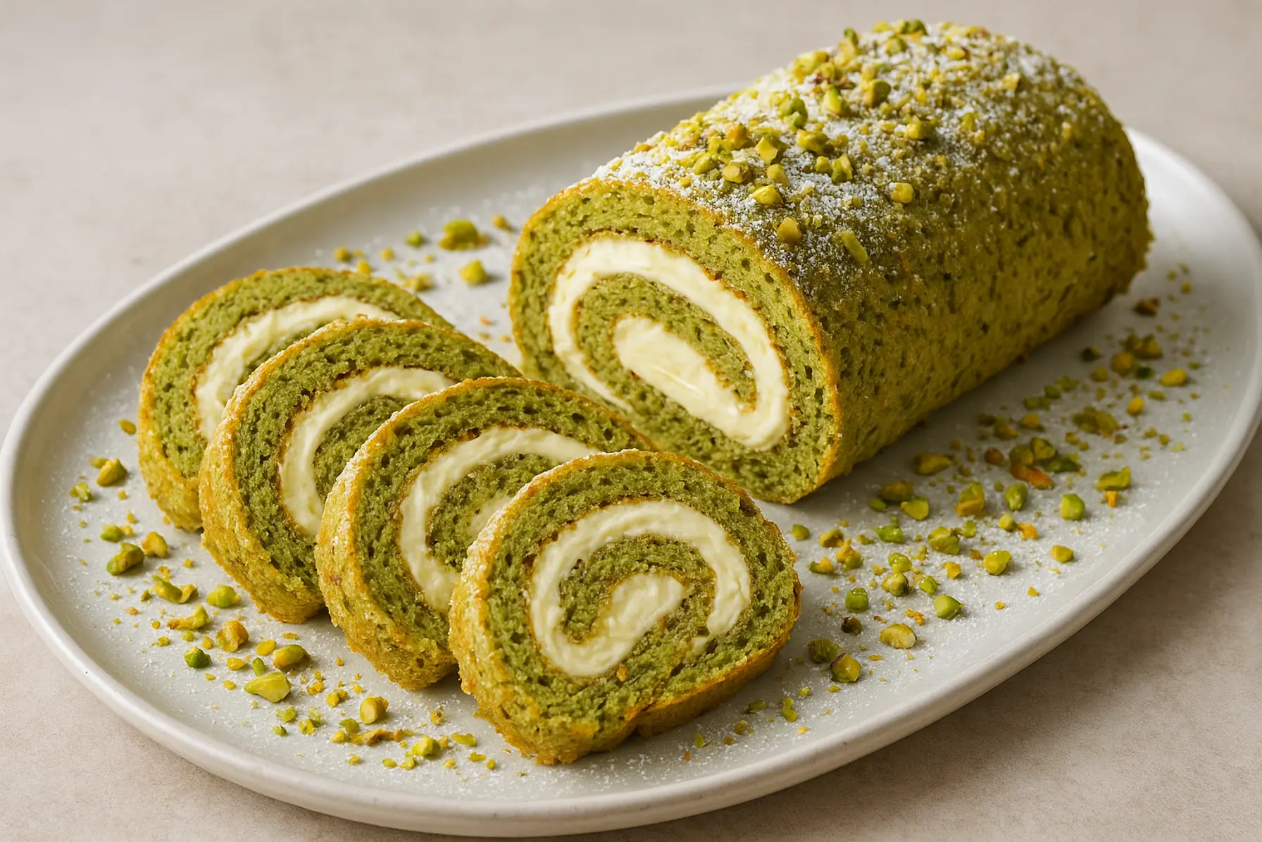 Pistacieroulade med cremet vaniljefyld