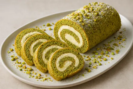Pistacieroulade med cremet vaniljefyld