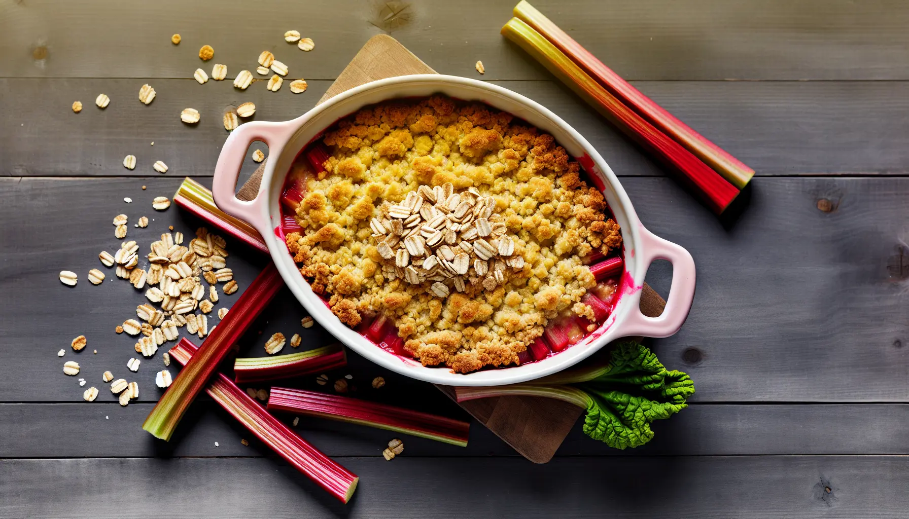 Rabarbercrumble med knasende havreflager