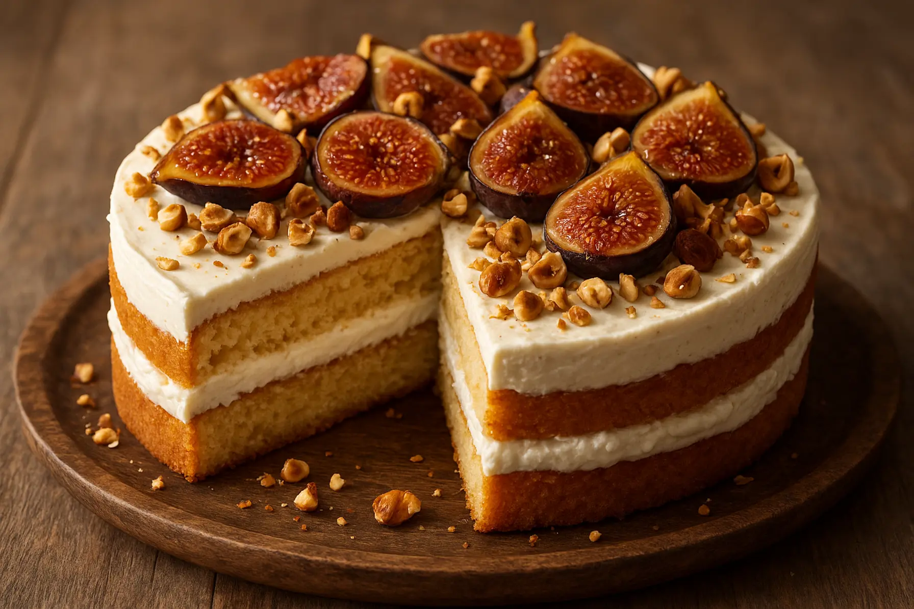Saftig figenlagkage med ricotta og ristede hasselnødder